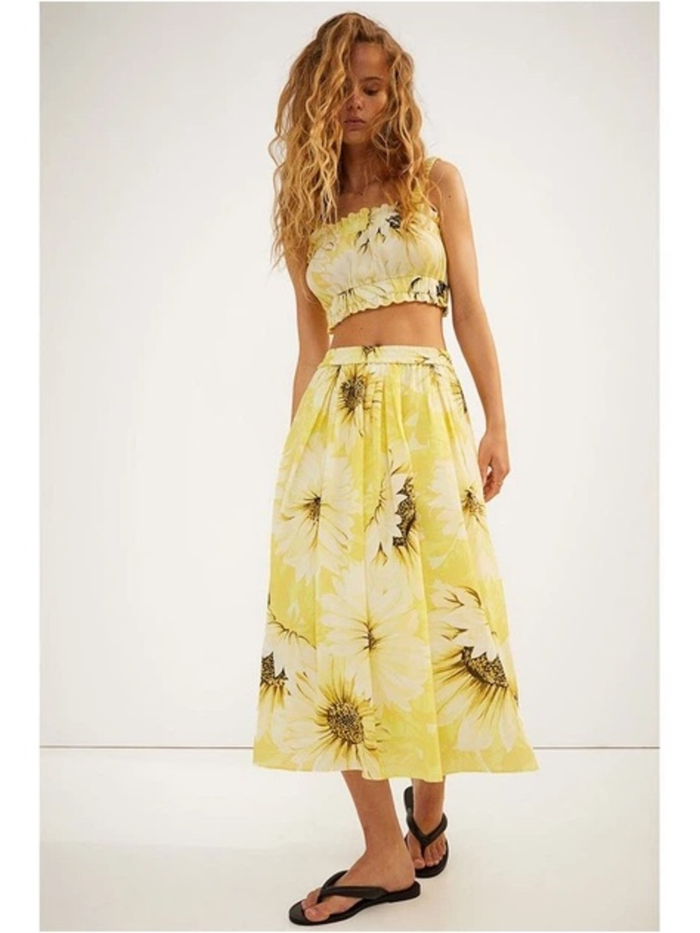 H&M Yellow Floral Midi Skirt Set- Skirt Medium Cropped Top Small 100# Cotton